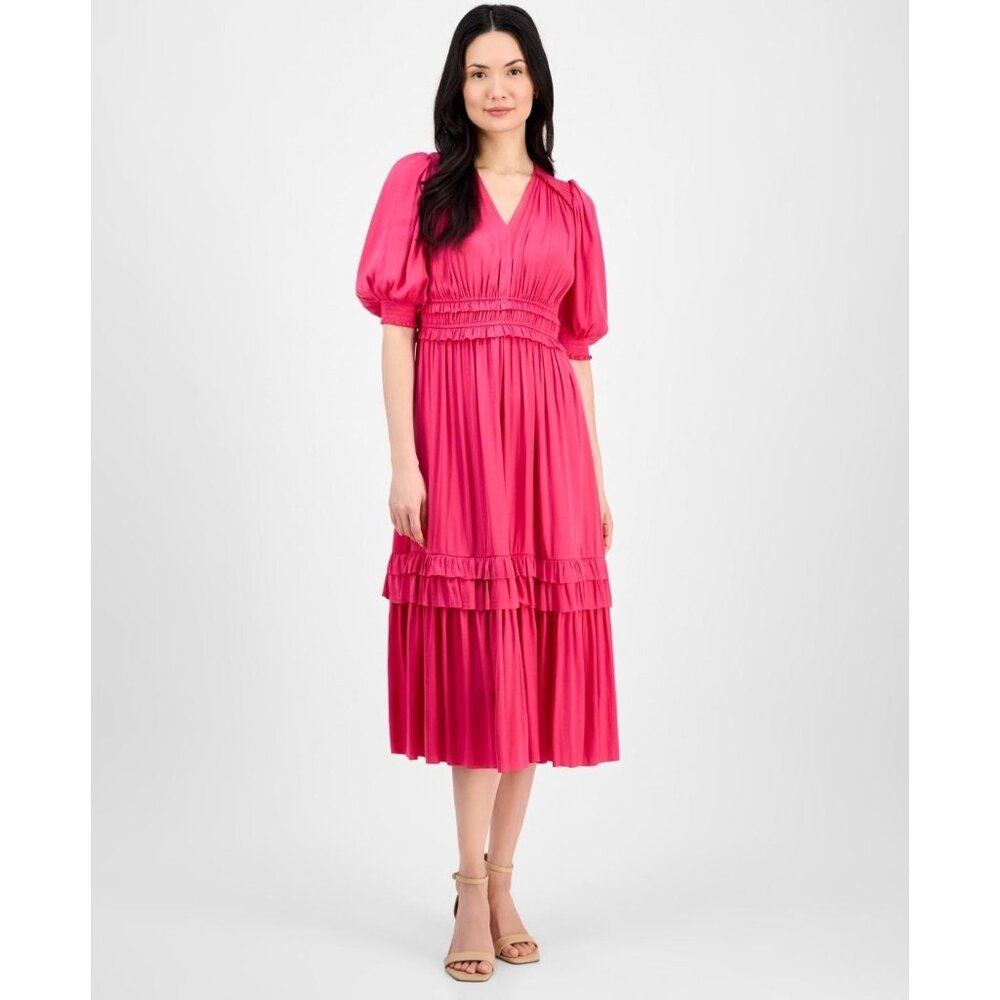 Tahari Dress Womens Size L Tulip Pink Puff Sleeve Smocked Ruffle Midi $148